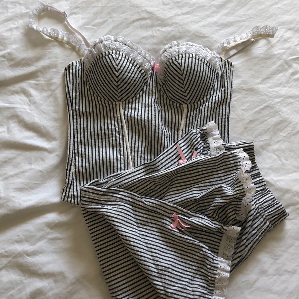 Blue and white Striped  Corset Top / Capri Set